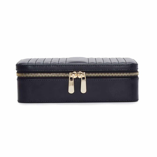 The WOLF 1834 Maria Medium Jewellery Zip Case by WOLF is an elegant, black rectangular leather accessory designed for travel. It features a stylish quilted pattern on the lid and is equipped with a gold zipper that includes two pulls. The case also incorporates LusterLoc™ lining, ensuring your jewelry remains stored securely and elegantly.