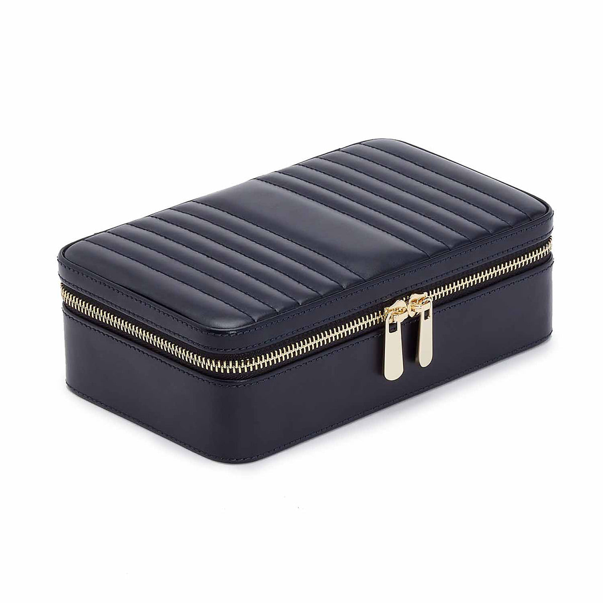 The WOLF 1834 Maria Medium Jewellery Zip Case is a stunning black leather accessory featuring a quilted top and gold dual zipper pulls. Equipped with LusterLoc™ technology, this rectangular case with rounded edges from WOLF's travel collection is elegantly displayed on a white background.