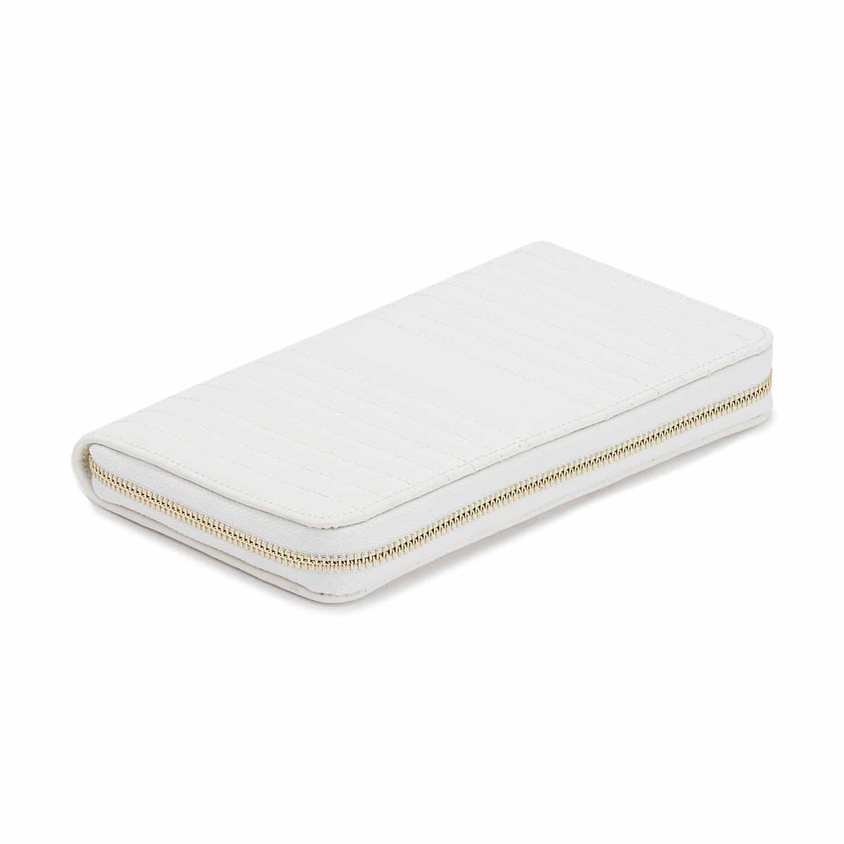 The WOLF 1834 Maria Jewellery Portfolio, a chic rectangular accessory made from luxurious smooth leathers, showcases a quilted texture with a gold zipper. This sophisticated item rests flat against a plain white background and is an integral part of WOLF's travel collection.