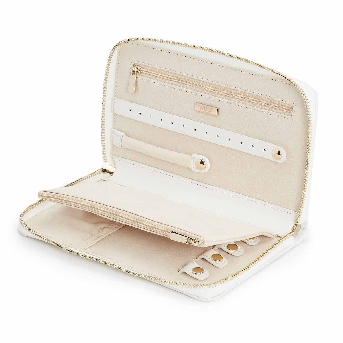Explore the sophisticated WOLF 1834 Maria Jewellery Portfolio, a beautiful addition to your travel collection. This elegant beige and cream case features zippered compartments, ring rolls, and necklace holders. Designed by WOLF with a soft fabric lining and multiple sections for convenient jewelry storage.