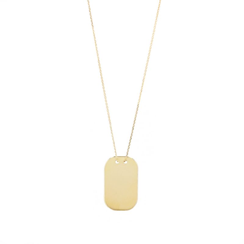 Introducing the Raffi&Co.® 14K Yellow Gold Dog Tag engravable Pendant Necklace, a finely crafted piece featuring a thin chain and a rectangular pendant with gently rounded edges. This elegant necklace hangs symmetrically from two small loops at the top, allowing for personalized engraving against its plain white background.