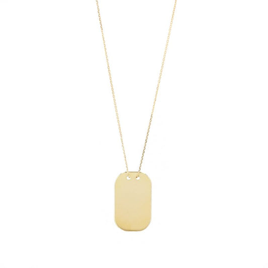 Introducing the Raffi&Co.® 14K Yellow Gold Dog Tag engravable Pendant Necklace, a finely crafted piece featuring a thin chain and a rectangular pendant with gently rounded edges. This elegant necklace hangs symmetrically from two small loops at the top, allowing for personalized engraving against its plain white background.