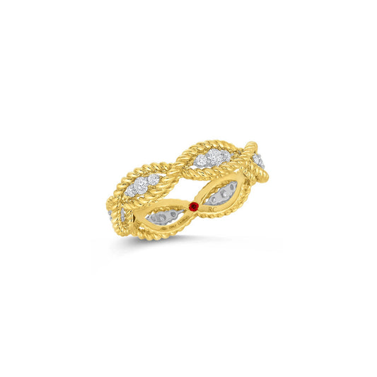 The Roberto Coin New Barocco 18K Yellow Gold Diamond Fashion Ring features luxurious gold and silver twisted rope detailing, reminiscent of a classic Roberto Coin design, with an intricate pattern and a small red stone accent.