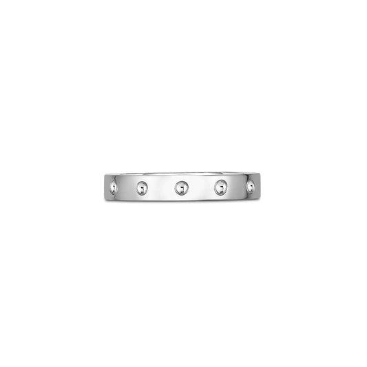 A Roberto Coin Pois Moi 18K White Gold Ring Band with a sleek, polished finish featuring five evenly spaced small round studs embedded along its surface. This statement piece exudes elegance against a plain white background.