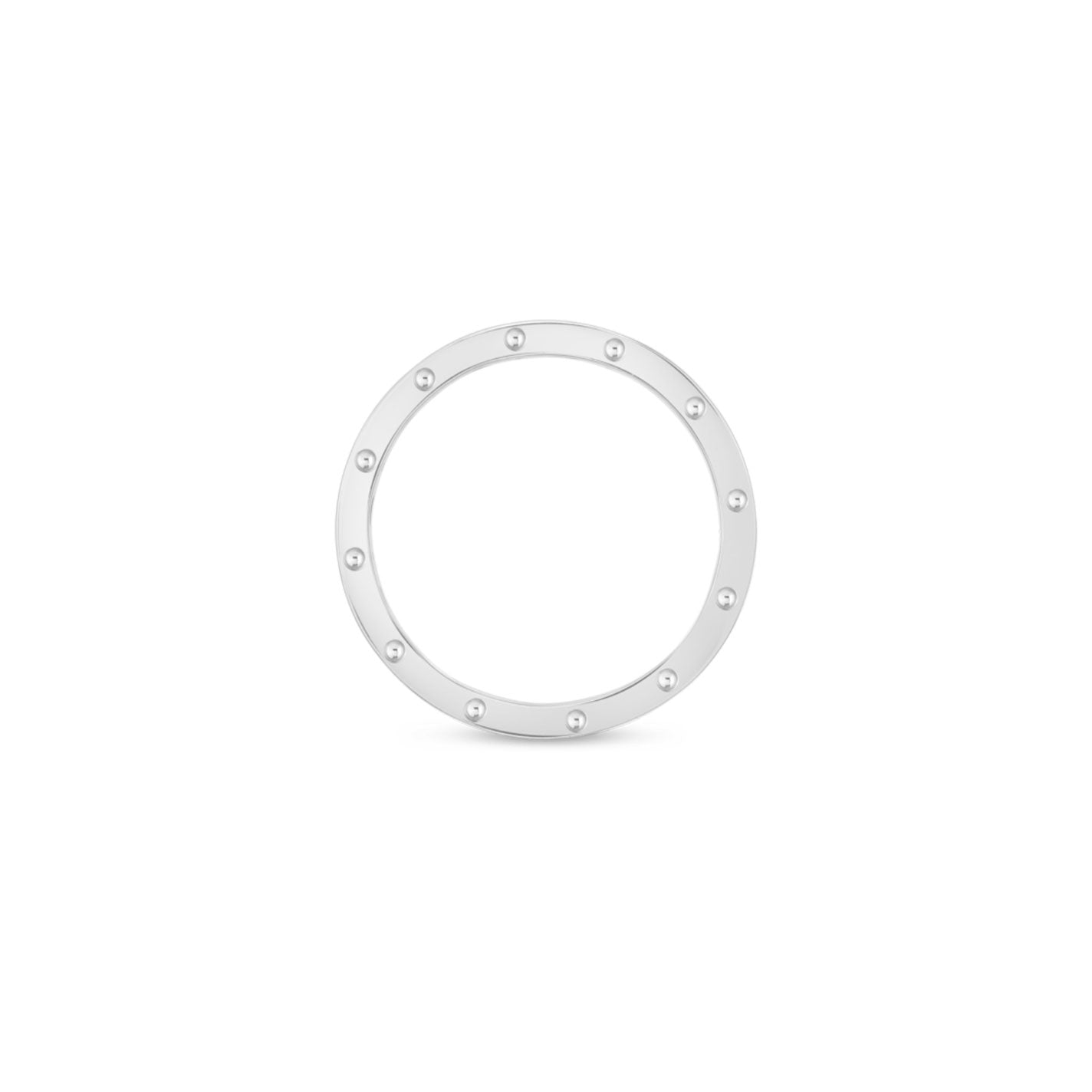 The Roberto Coin Pois Moi 18K White Gold Ring Band is a sleek silver circular metal ring adorned with small, evenly-spaced screws along its outer edge, set against a plain white background. This striking statement piece draws attention effortlessly with its contemporary and stylish design.