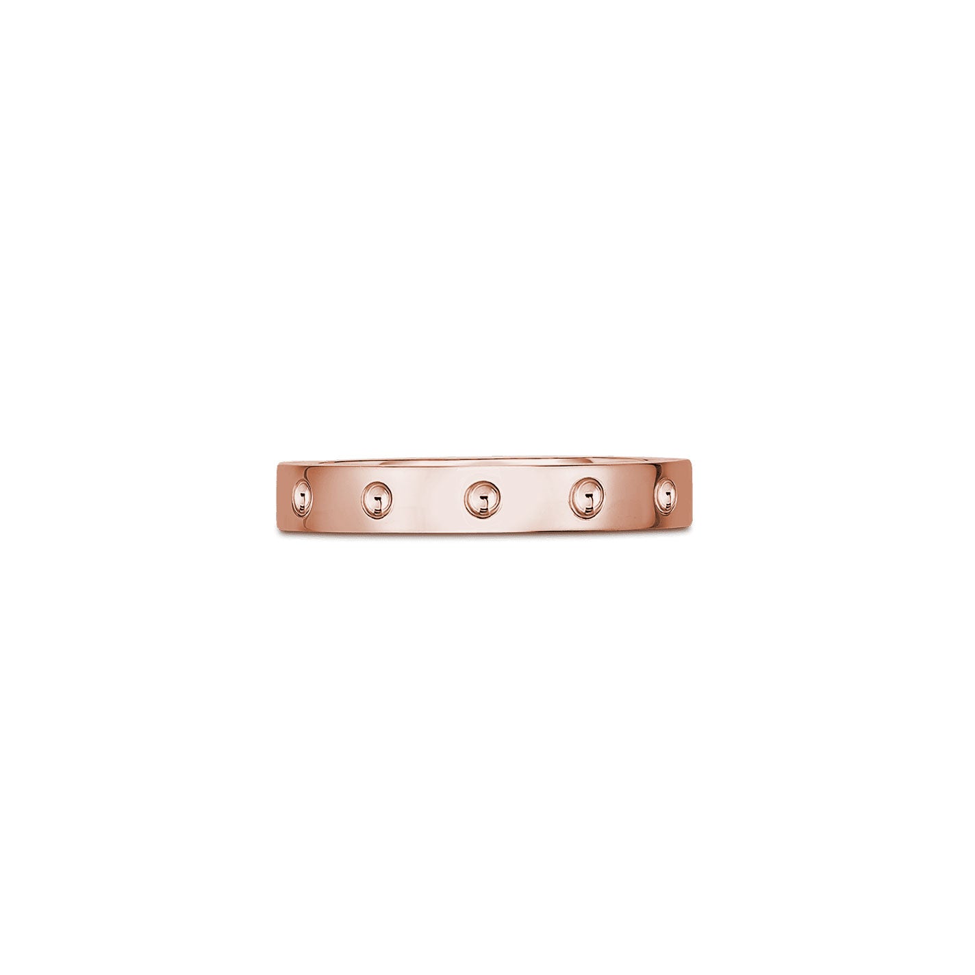 The Roberto Coin Pois Moi 18K Rosé Ring is expertly crafted from 18K Rosé gold, showcasing a rose gold band adorned with evenly spaced circular screw motifs. Its sleek and polished design creates a modern and elegant appearance, beautifully showcased against a white background.