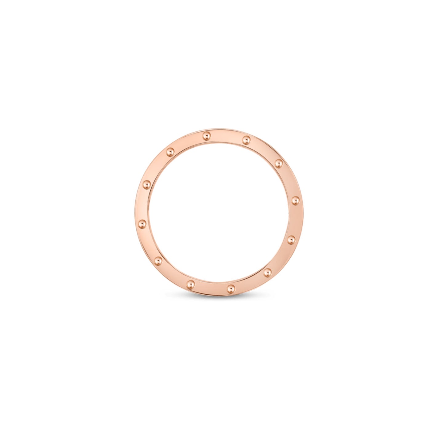 The Roberto Coin Pois Moi 18K Rosé Ring showcases a circular design adorned with evenly spaced small studs along the edge, all crafted in 18K Rosé gold.