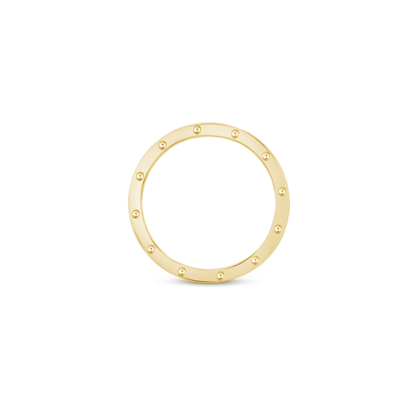 The Roberto Coin Pois Moi 18K Yellow Gold Ring showcases a sleek design with a smooth, polished surface adorned with small, evenly spaced studs along its gold circular edge on a white background.