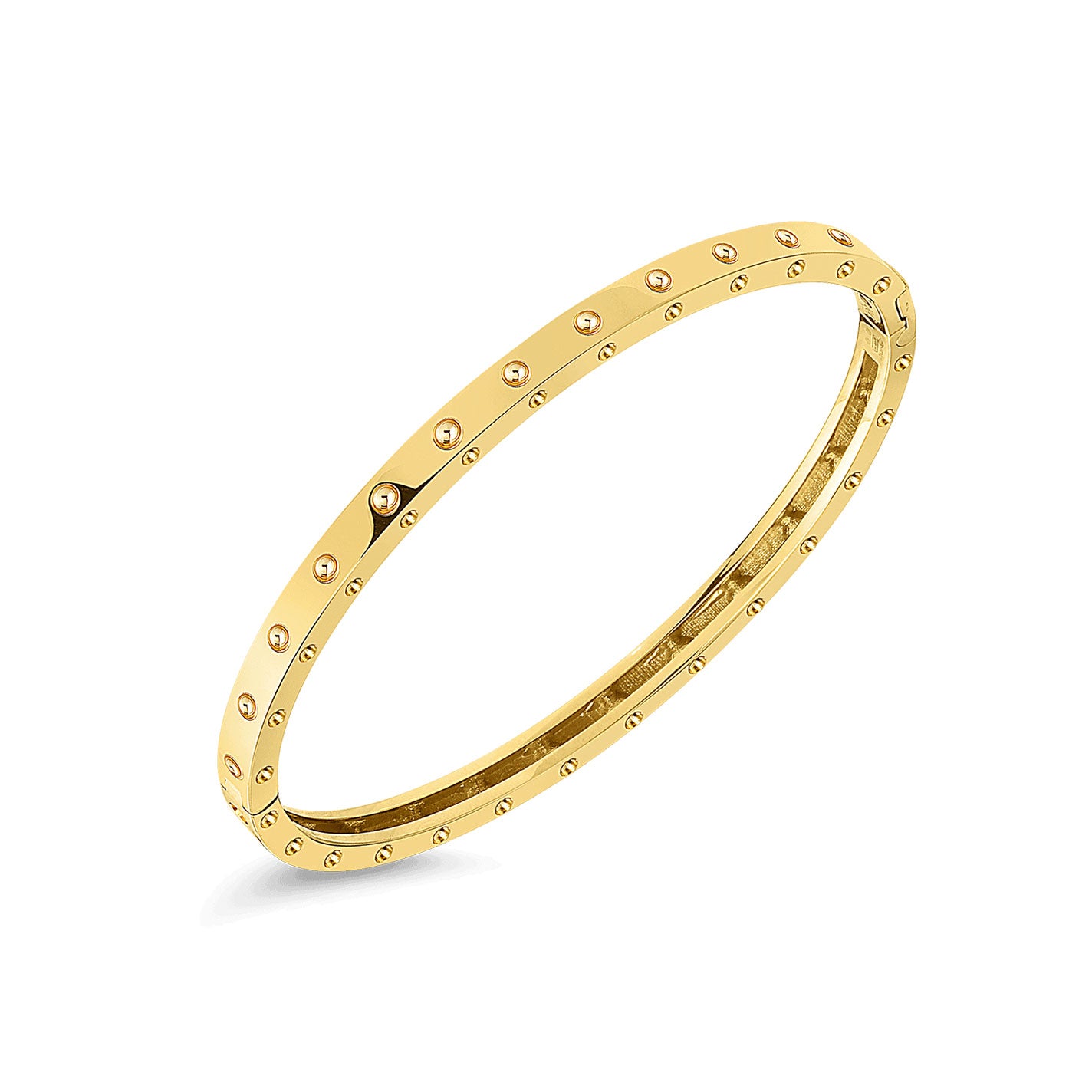 The Roberto Coin Pois Moi 18K Yellow Gold Oval Bangle showcases a smooth, rounded design embellished with evenly spaced small gold studs.