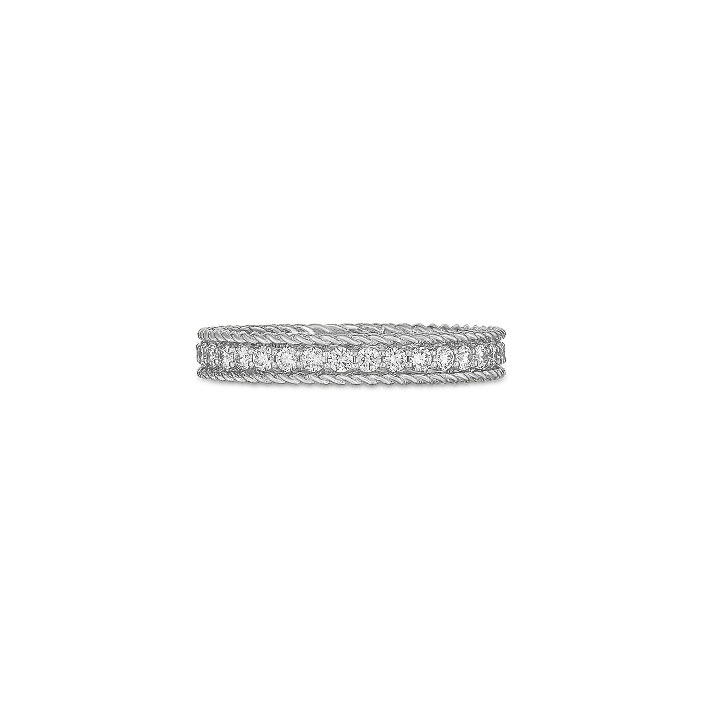 The Roberto Coin Symphony Princess 18K White Gold Diamond Ring is a stunning piece crafted from 18K white gold, featuring a textured surface with an intricate rope design encircling its band. Set against a plain white background, this refined ring embodies the timeless elegance of Roberto Coin.