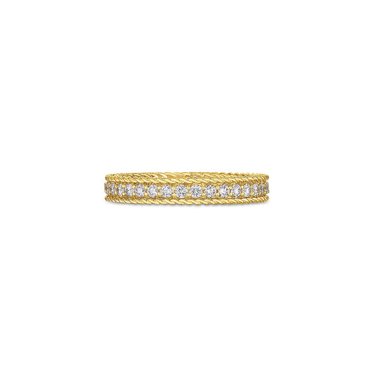 The Roberto Coin Symphony Princess 18K Yellow Gold Diamond Ring features a central row of dazzling diamonds, complemented by intricate twisted gold rope details on either side and set against a simple white backdrop.