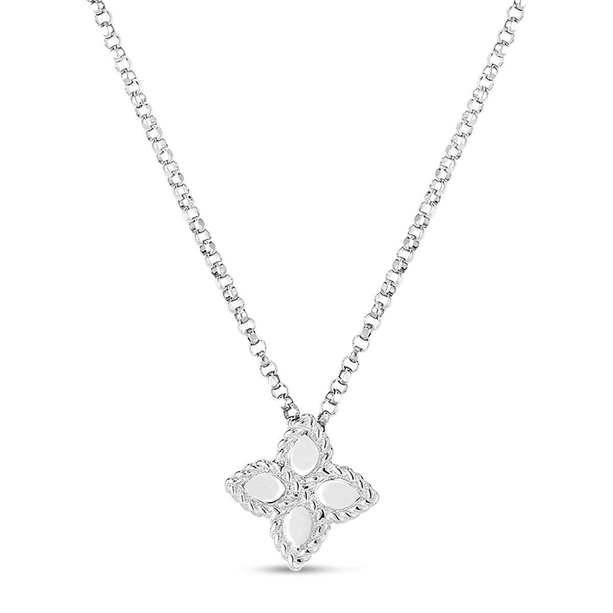 The Roberto Coin 18K White Gold Small Princess Flower Pendant exudes sophistication and style with its delicate chain and four-petal flower-shaped pendant. Each smooth, leaf-like petal captures timeless beauty and grace, drawing inspiration from the renowned Roberto Coin Princess Flower Pendant collection.