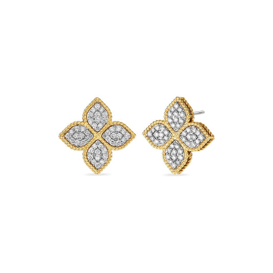 Embrace the timeless elegance of the Roberto Coin Princess Flower 18K Yellow Gold Stud Earrings, featuring a captivating four-petal floral design. The intricate craftsmanship and sparkling diamond embellishments infuse this exquisite accessory with a touch of sophistication.