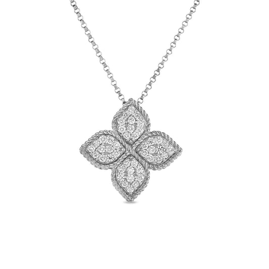 The Roberto Coin 18K White Gold Large Princess Flower Diamond Necklace Pendant showcases an elegant four-petal flower design. Each petal is adorned with shimmering round diamonds and hangs gracefully from a delicate chain.