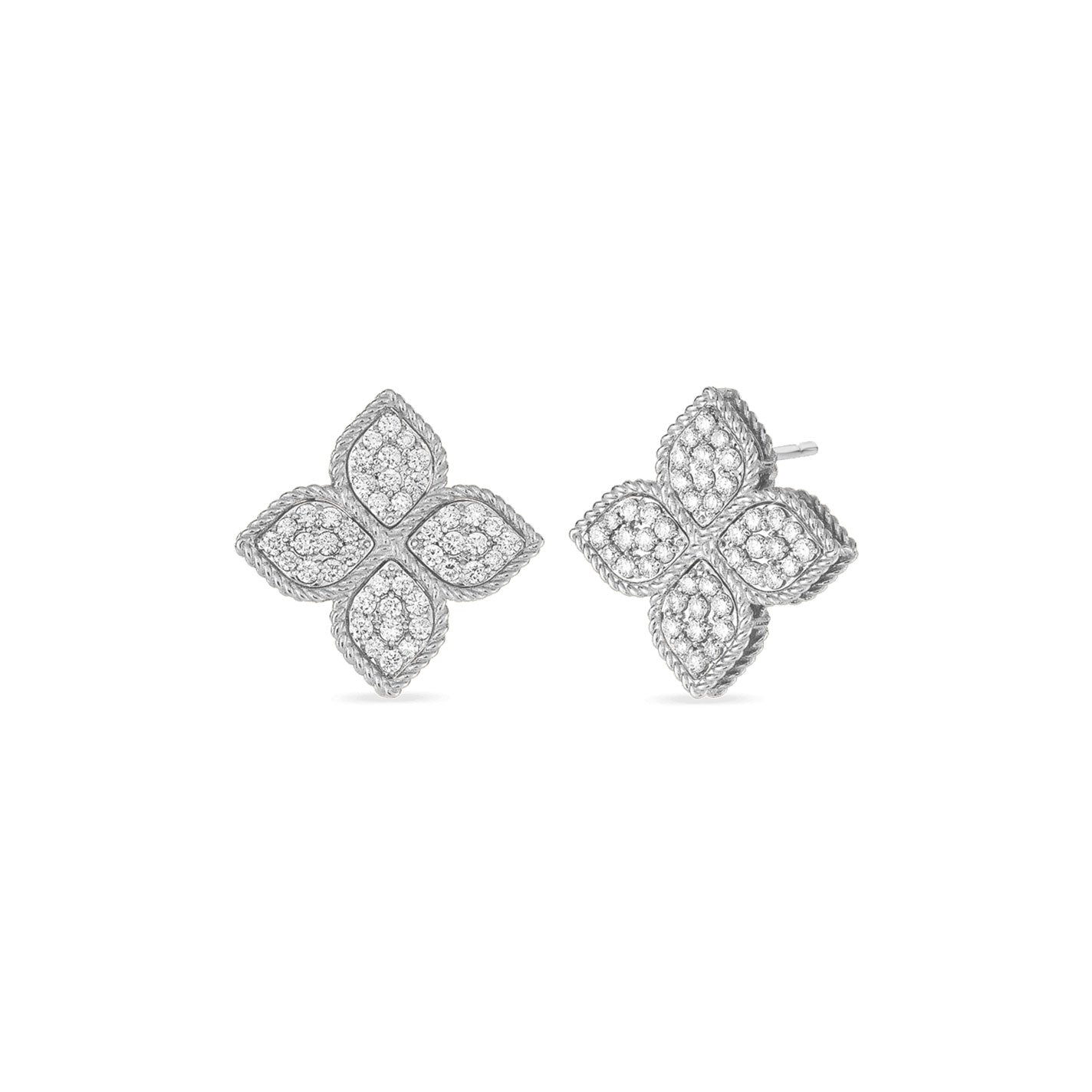 These Roberto Coin 18K White Gold Large Princess Flower Diamond Stud Earrings showcase four-petaled flowers embellished with small sparkling diamonds. The petals' intricate design and elegant arrangement are completed with a secure post and butterfly backing.