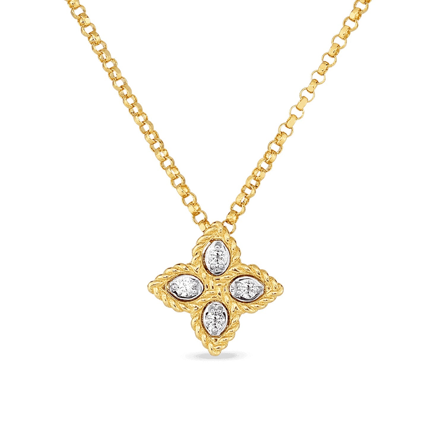 This sophisticated Roberto Coin necklace showcases a stunning pendant shaped like a four-petaled flower, crafted in 18K white gold. Each petal glistens with a radiant diamond, and the chain of small, round links adds to its timeless elegance. True to Roberto Coin's distinctive style, it is an impeccable choice for those seeking refinement.