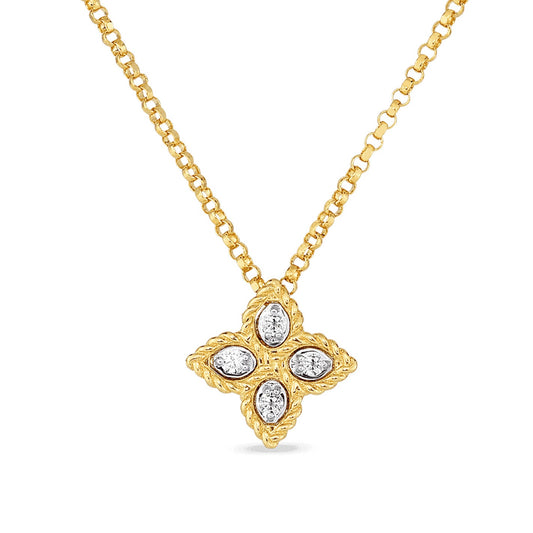 This sophisticated Roberto Coin necklace showcases a stunning pendant shaped like a four-petaled flower, crafted in 18K white gold. Each petal glistens with a radiant diamond, and the chain of small, round links adds to its timeless elegance. True to Roberto Coin's distinctive style, it is an impeccable choice for those seeking refinement.