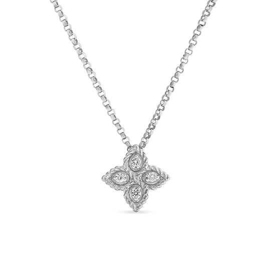 The Roberto Coin 18K White Gold Small Princess Flower Diamond Necklace Pendant features a stunning floral design with four marquise-shaped elements, each adorned with sparkling stones.