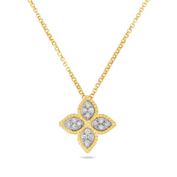 The Roberto Coin Princess Flower 18K Yellow Gold Diamond Necklace features a medium four-petal flower pendant, each petal outlined in gold and set with sparkling diamonds for extra brilliance.