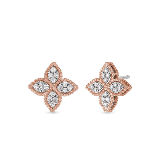 The Roberto Coin 18K Rose Gold Medium Flower Princess Diamond Stud Earrings showcase an exquisite petal motif adorned with embedded diamonds.