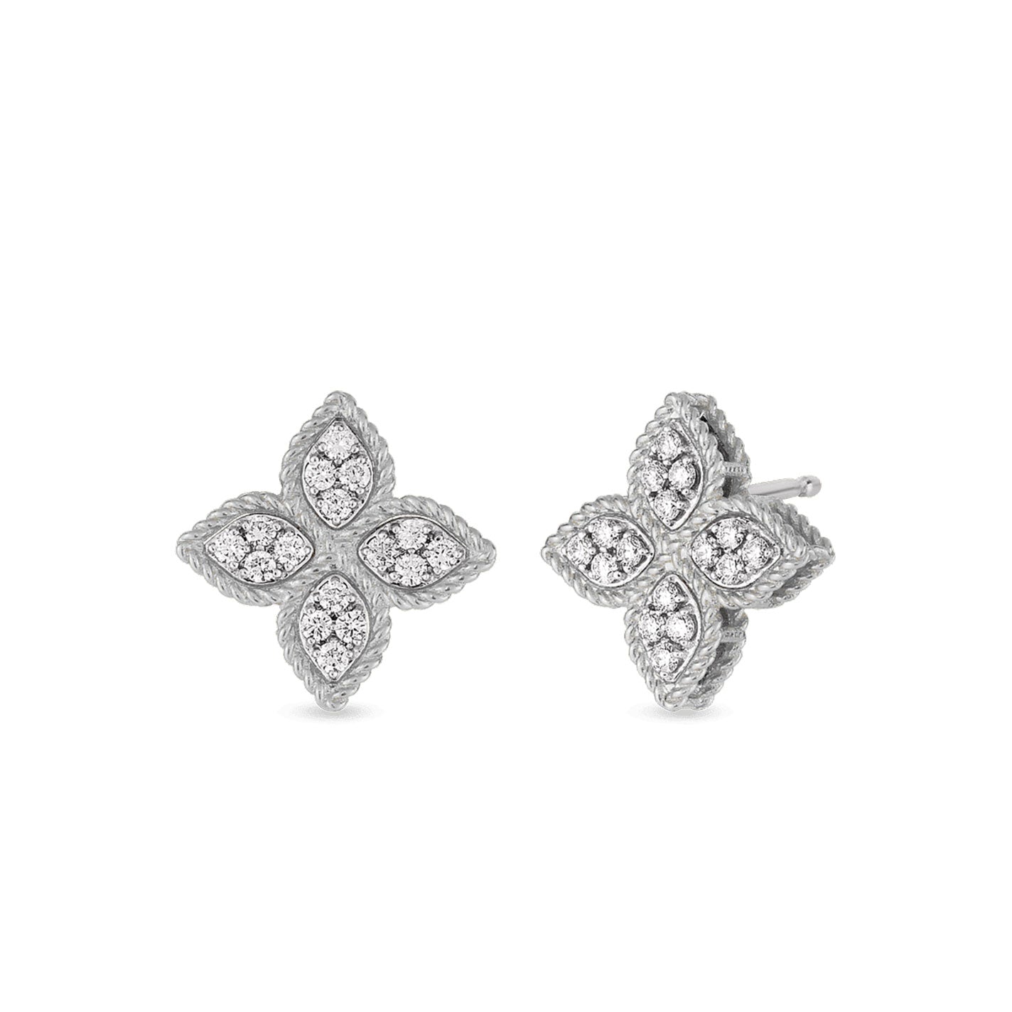 Introducing the Roberto Coin 18K White Gold Medium Flower Princess Diamond Stud Earrings. These exquisite earrings feature a floral motif with four petals, each adorned with multiple small diamonds set in elegant 18K white gold. Designed for secure wear, they include a stud backing and embody the signature style of Roberto Coin.