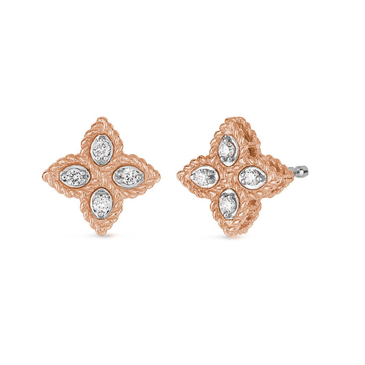 Explore the exquisite Roberto Coin 18K Rose Gold Small Flower Princess Diamond Stud Earrings, a sophisticated accessory designed with a floral motif. Each earring features four petal-like shapes adorned with sparkling diamonds and a textured, leaf-like pattern encircling the gemstones.