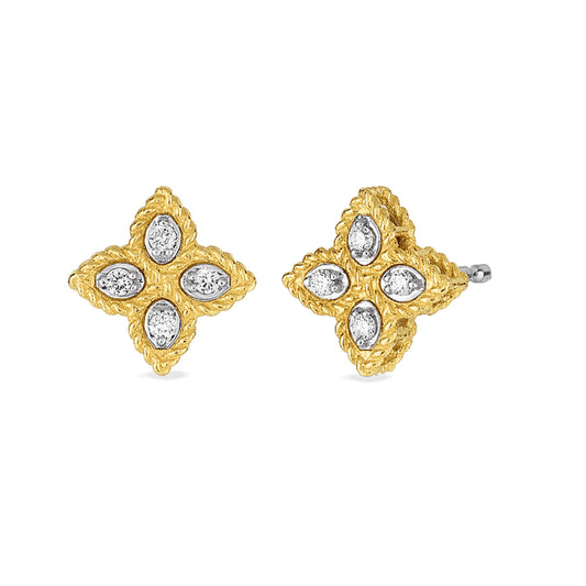 The Roberto Coin 18K Yellow Gold Small Flower Princess Diamond Stud Earrings bring elegance and sparkle with their textured quatrefoil design, showcasing small oval and round diamonds set in the center of each petal.