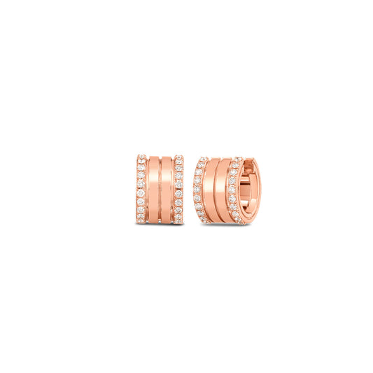 Presenting the exquisite Roberto Coin Portofino 18K Rose Gold 4 Row Diamond Edge Hoop Earrings, these beautiful earrings highlight three elegant, smooth bands at the core, flanked by rows of dazzling diamonds along the exterior edges.
