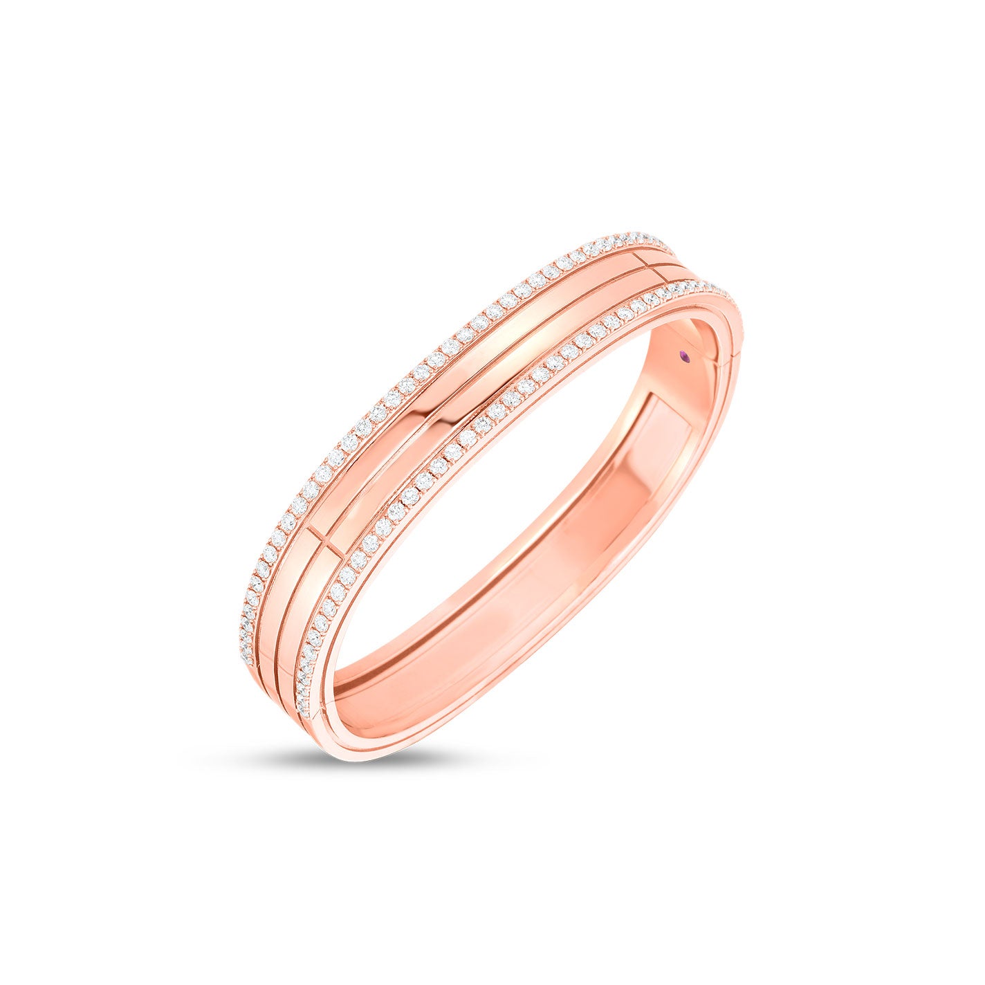 Introducing the Roberto Coin Portofino 18K Rose Gold Diamond Bangle, a stunning creation crafted in 18k rose gold. This elegant piece features a polished finish and two rows of small, sparkling diamonds along its edges, all beautifully showcased against a plain white background.