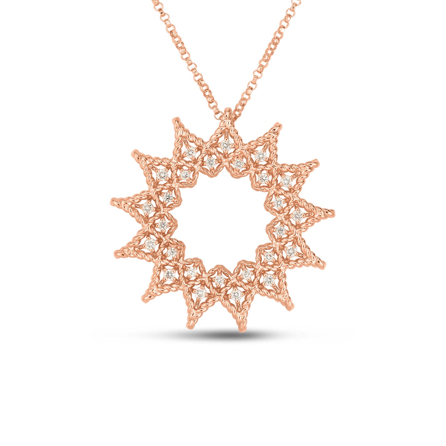 The Roberto Coin 18K Rose Gold Diamond Open Roman Barocco Sunburst Necklace Pendant, crafted in exquisite 18k rose gold, showcases a circular pendant with interwoven star-shaped patterns adorned with round diamonds. Its intricate design exudes a delicate and elegant appearance.