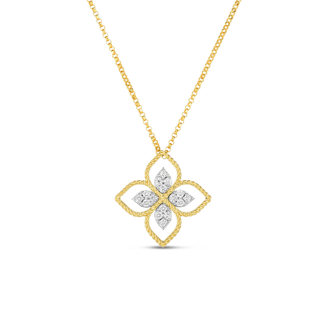 The Roberto Coin Principessa 18K Yellow Gold Diamond Large Flower Necklace Pendant features a four-petal flower outlined in gold and filled with diamonds, suspended from a fine gold chain on a white background.