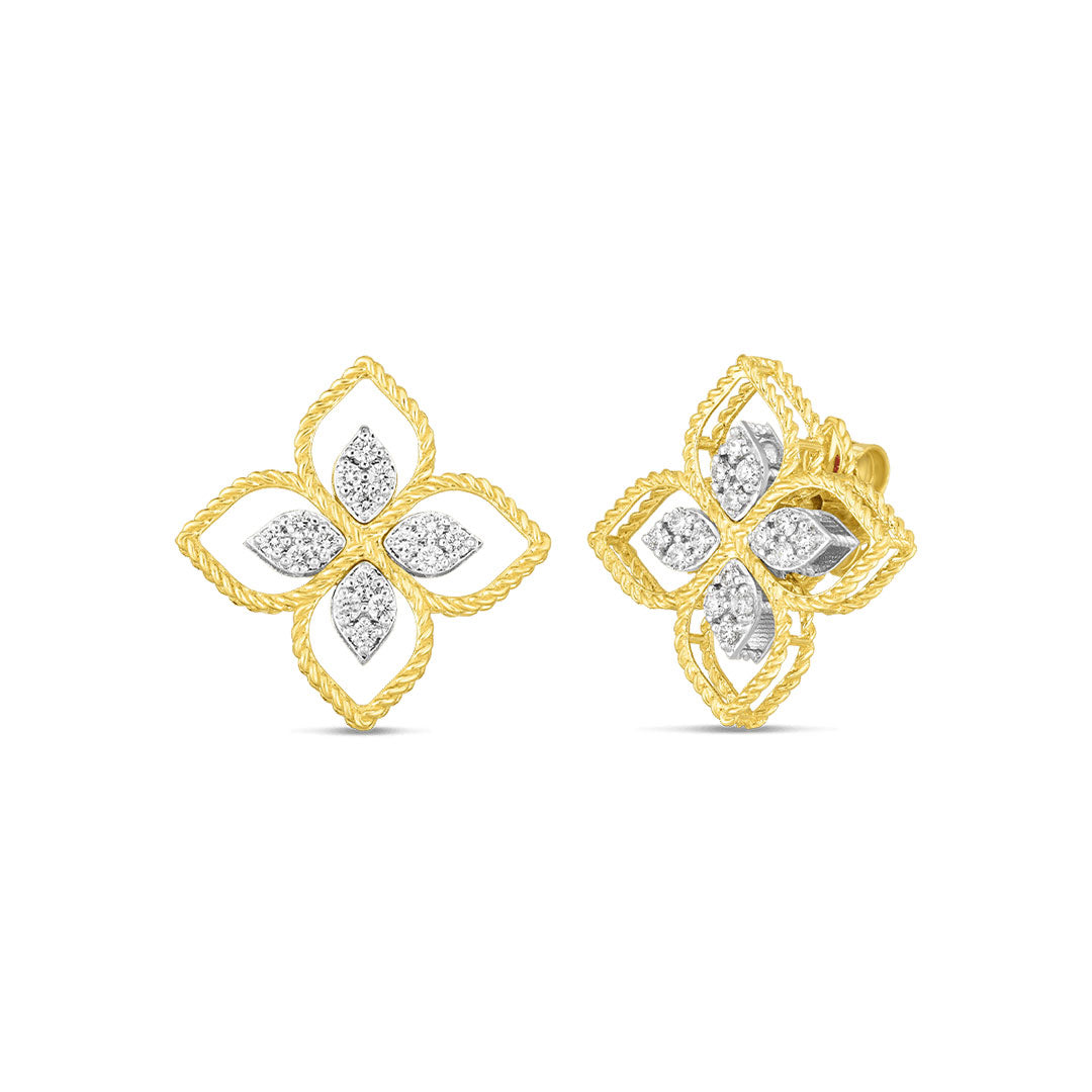 The Roberto Coin Princepessa Large Diamond Flower Stud Earrings feature four-petal blooms with twisted gold outlines and diamond accents, designed for pierced ears with butterfly closures. Shown on a white background.
