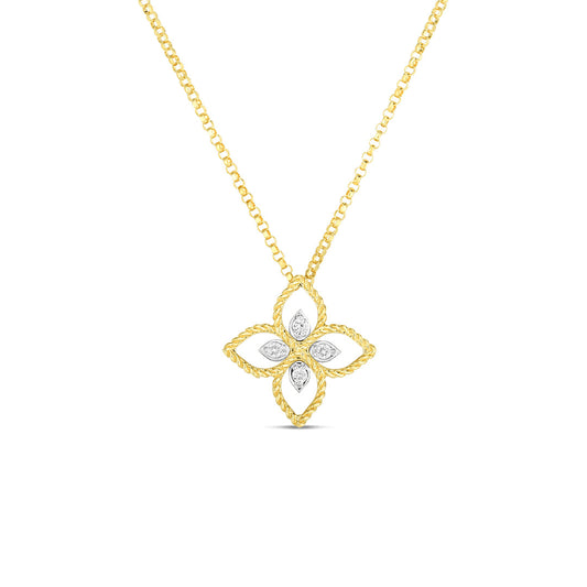 The Roberto Coin Principessa 18K Yellow Gold Diamond Small Flower Necklace Pendant features a four-petal design with diamonds at the center and tips, beautifully displayed on a plain white background.