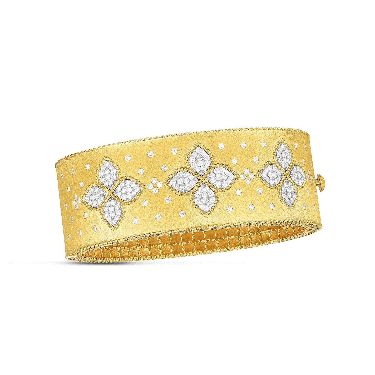 The Roberto Coin Petite Venetian Princess 18K Yellow Gold Single Satin Flower Diamond Accent Bracelet is a stunning creation featuring a wide, textured band crafted in 18k yellow gold. It is adorned with diamond-studded floral patterns and small diamond dots, showcasing an elegant four-petal flower motif for a luxurious appearance.