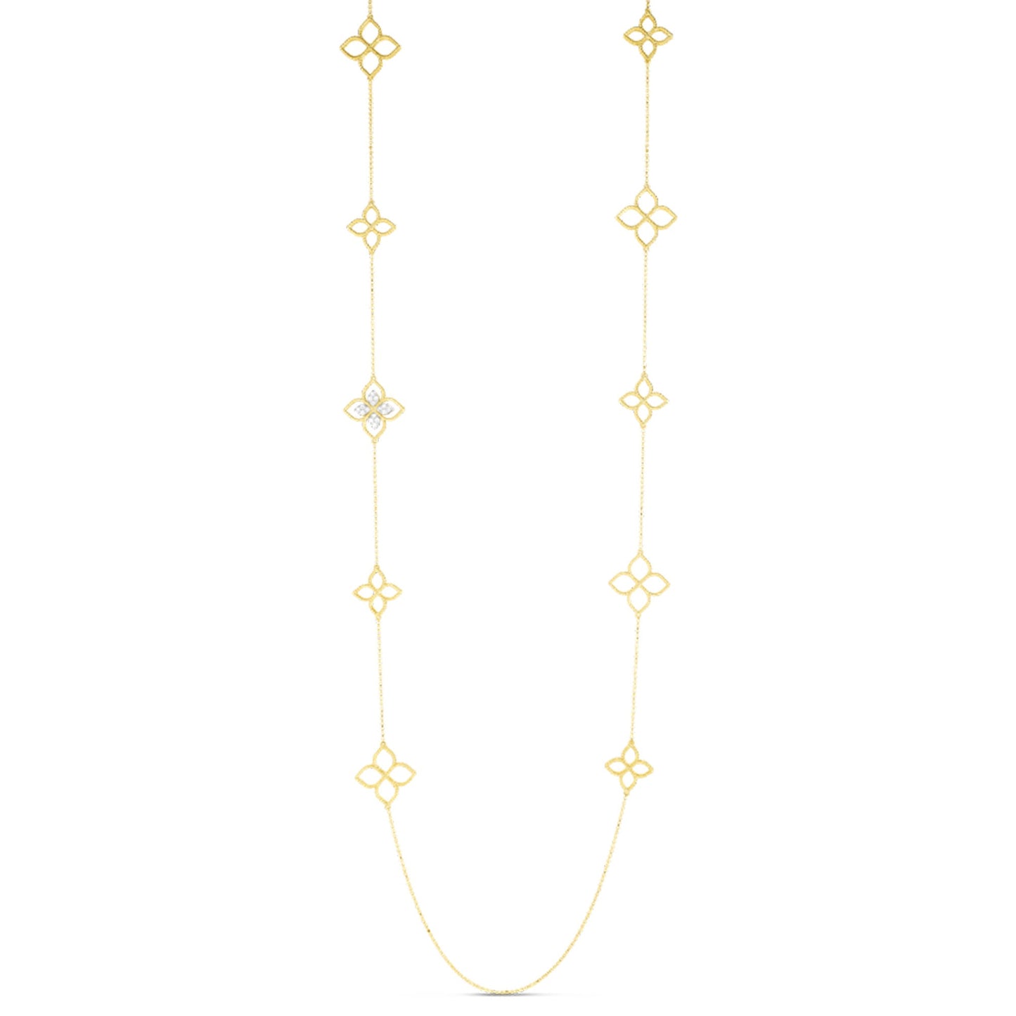 The Roberto Coin Princepessa 18K Yellow Gold Diamond Flower Station Necklace is a 34" necklace with repeating quatrefoil motifs, one accented by 0.16 TCW diamonds, shown on a plain white background.