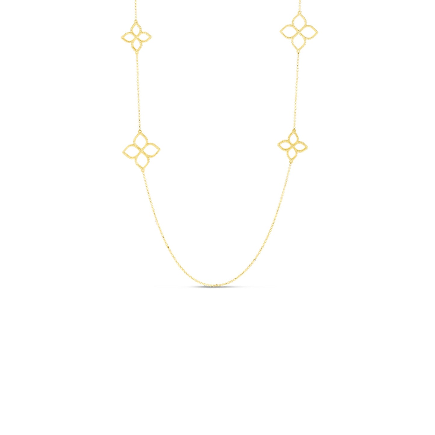 The Roberto Coin Princepessa 18K Yellow Gold Diamond Flower Station Necklace features four diamond flower motifs on a fine 34" gold chain, displayed against a plain white background.
