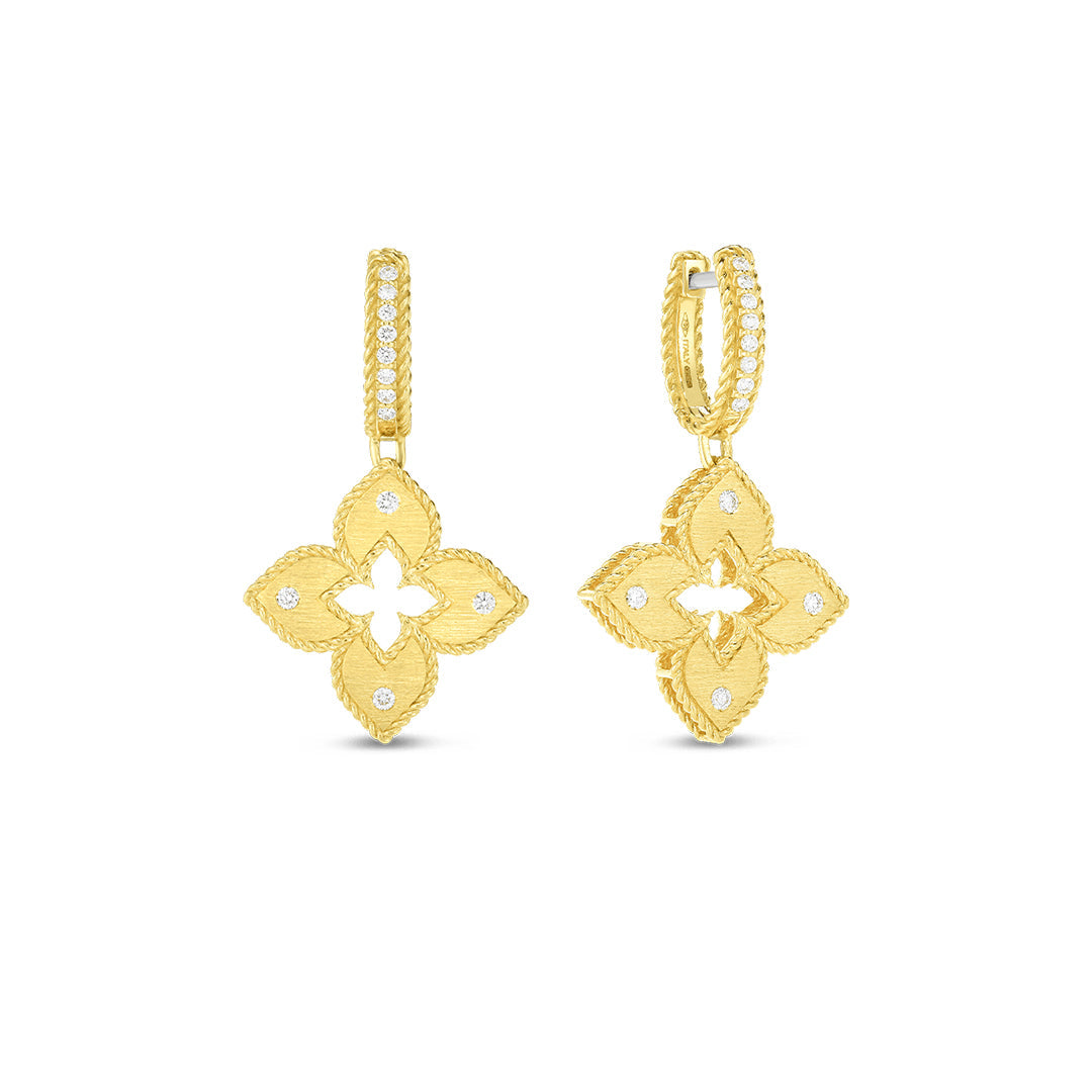 Roberto Coin Petite Venetian Princess Satin Finish 18K Yellow Gold Diamond Flower Drop Earrings feature pavé diamond-studded hoops and quatrefoil flower pendants with textured details and secure snap closures.