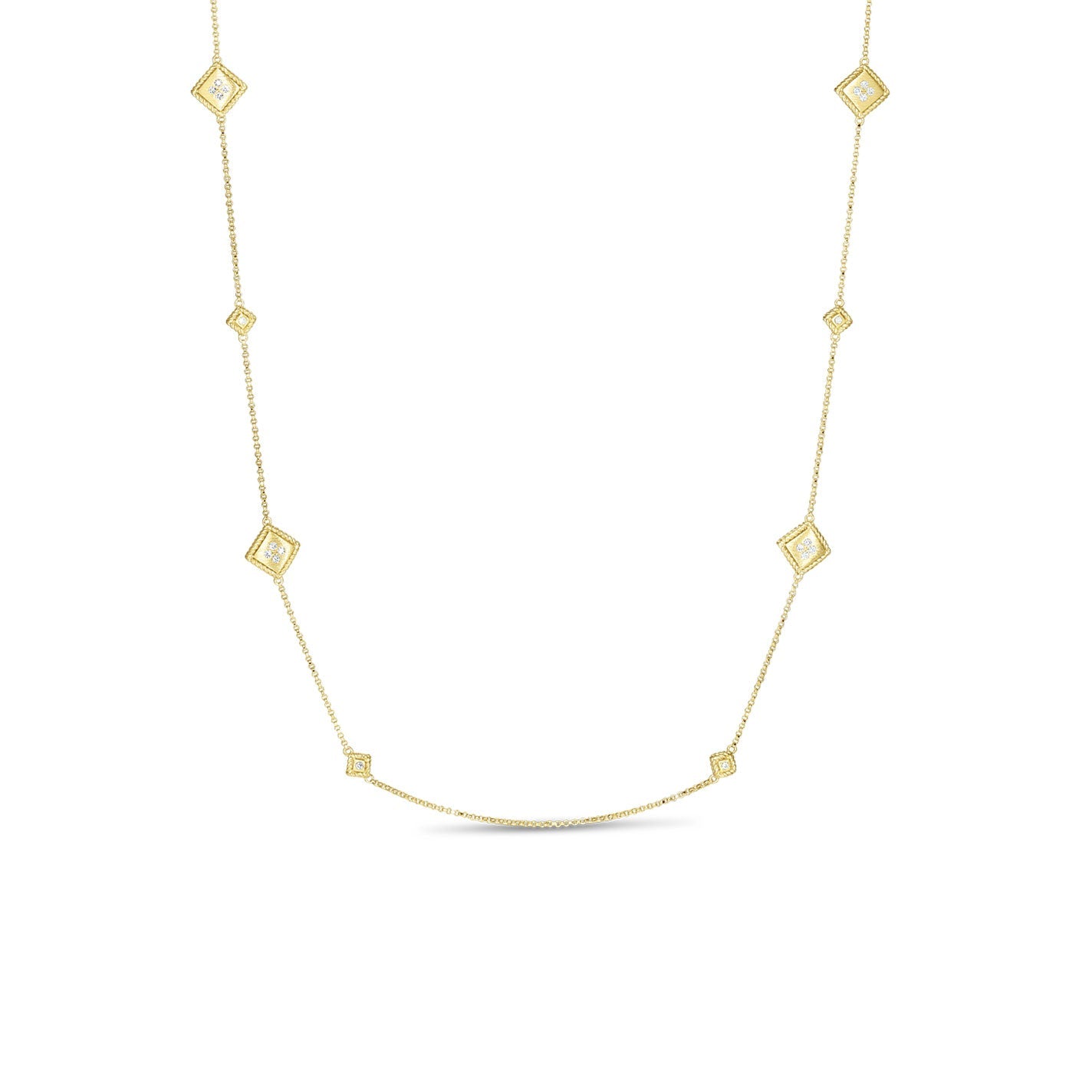 The Roberto Coin Palazzo Ducale 18K Yellow Gold Diamond Station Necklace is an exquisite piece featuring a slender chain adorned with evenly spaced, diamond-shaped links. Each intricately designed link enhances the elegant and minimalist design, creating a timeless accessory that stands out beautifully against a white background.