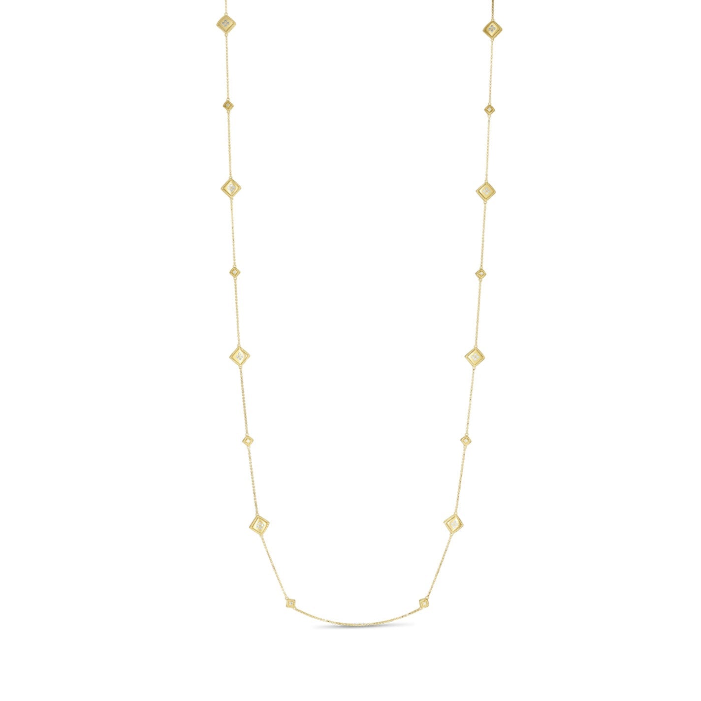 The Roberto Coin Palazzo Ducale 18K Yellow Gold Diamond Station Necklace showcases small, evenly spaced diamond-shaped accents along a fine chain, delicately resting on a plain white background.