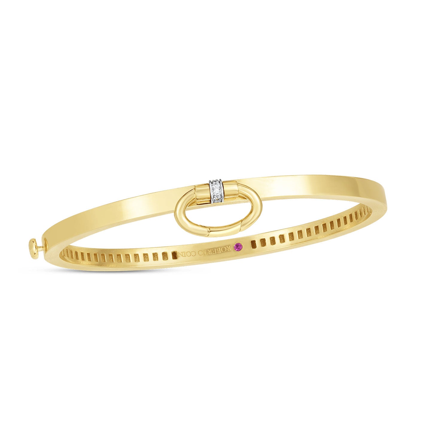 The Roberto Coin 18K Yellow and White Gold Charm Bangle with Diamond Accent features a sleek design crafted from 18k yellow gold. It showcases a central oval clasp adorned with round diamonds, boasting a smooth texture and thin band, complete with an elegant screw-like closure.