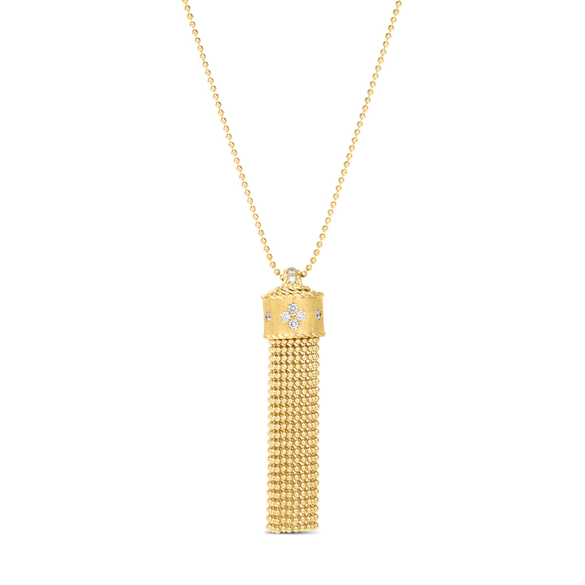 The Roberto Coin Princess Tassel 18K Yellow Gold Diamond Accent Long Necklace Pendant showcases a delicate chain with a tassel pendant crafted from multiple small 18k yellow gold chains. The tassel is elegantly topped with a cylindrical cap embellished with a small diamond accent, enhancing the sophistication of this exquisite piece.