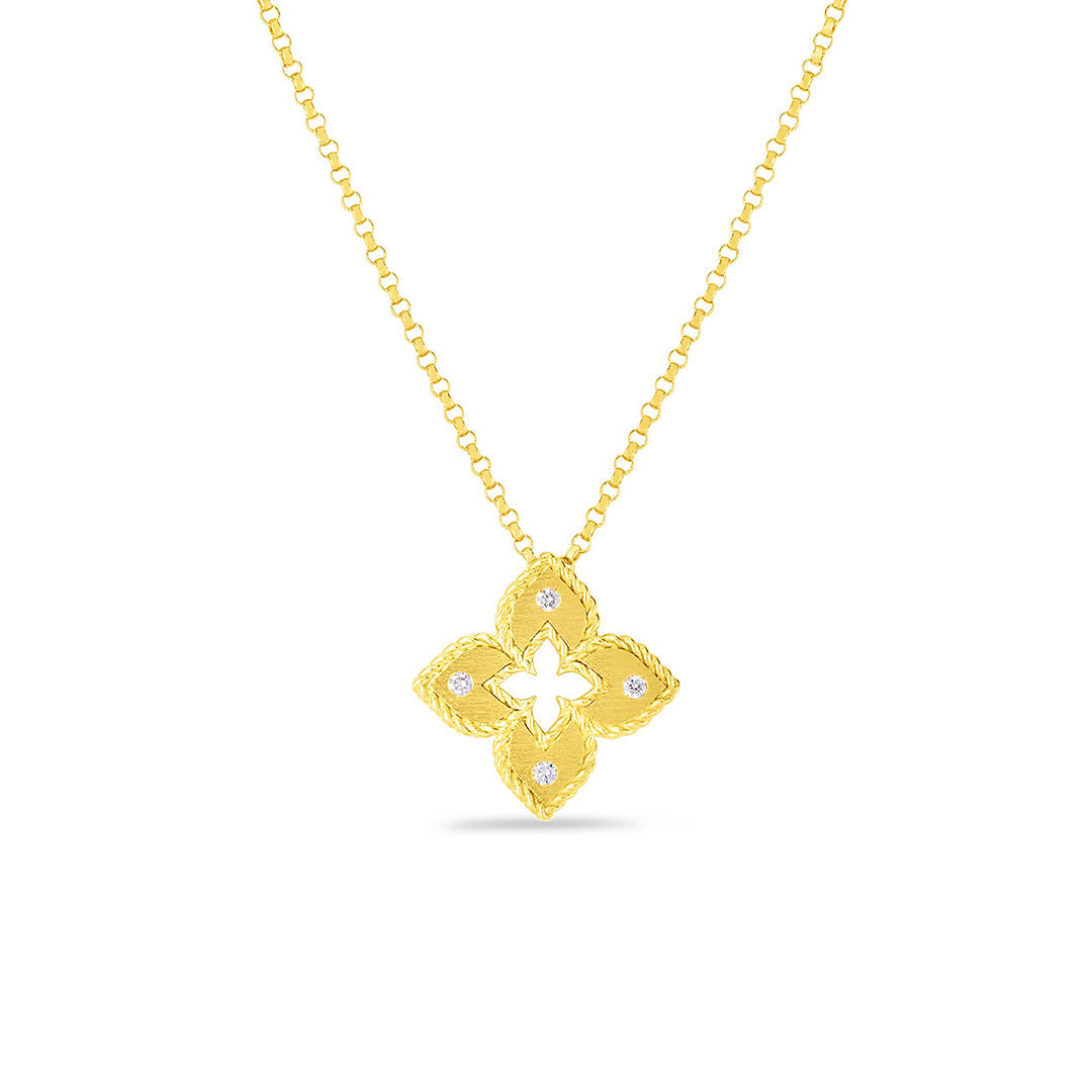 The Roberto Coin Petite Venetian Princess 18K Yellow Gold Extra Small Satin and Diamond Accent Flower Necklace Pendant, displayed on a white background, showcases a flower design with a satin finish and is adorned with small diamonds totaling 0.02 TCW.