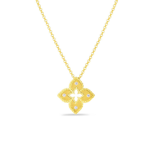 The Roberto Coin Petite Venetian Princess 18K Yellow Gold Extra Small Satin and Diamond Accent Flower Necklace Pendant, displayed on a white background, showcases a flower design with a satin finish and is adorned with small diamonds totaling 0.02 TCW.