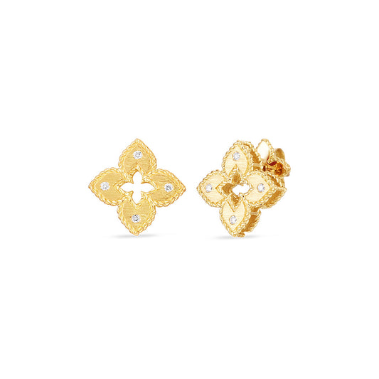 The Roberto Coin Petite Venetian Princess 18K Yellow Gold Diamond Accent Flower Stud Earrings are designed with floral-shaped studs embellished with round diamond accents. Their textured finish adds elegance, beautifully showcased against a plain white background.