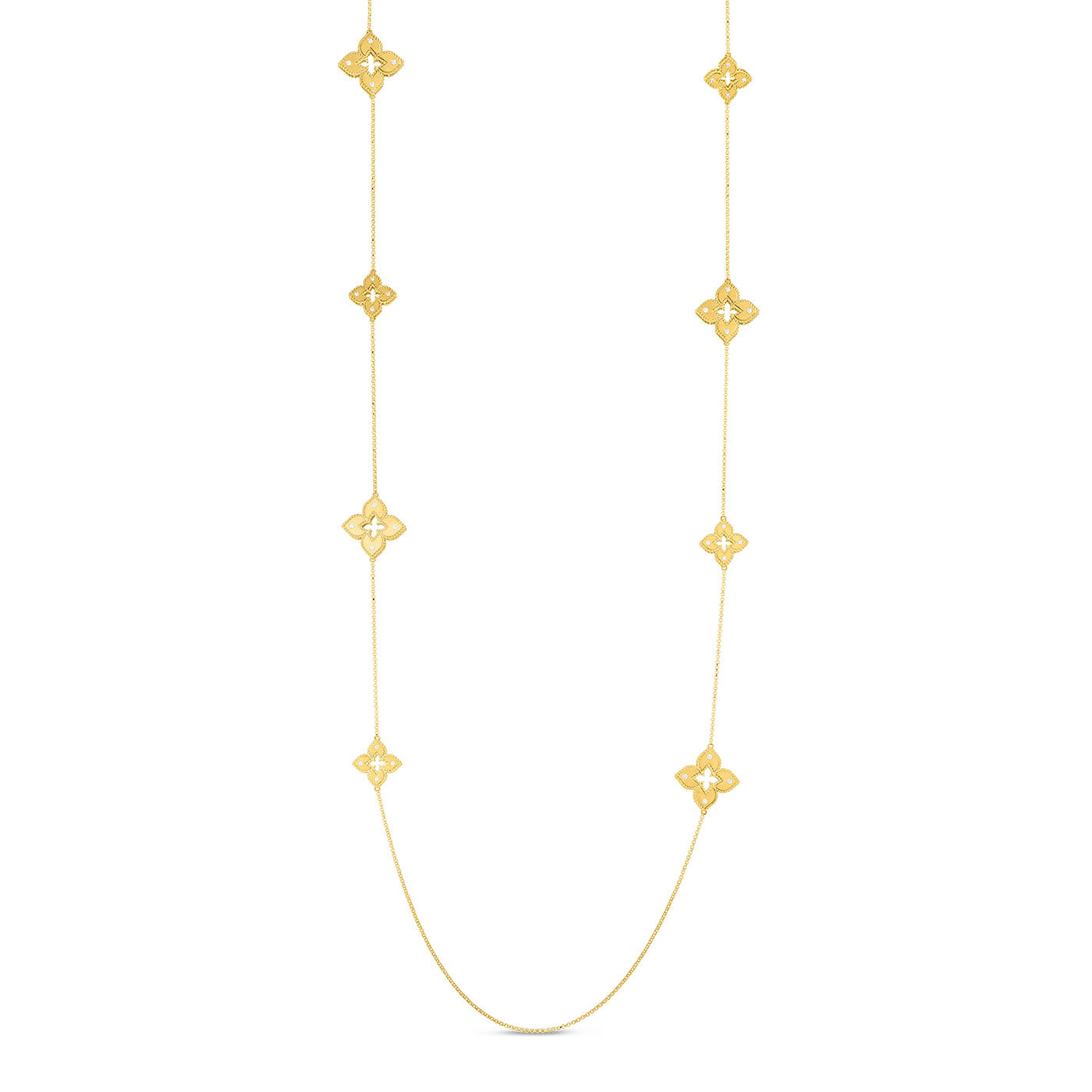 The Roberto Coin Venetian Princess 18K Yellow Gold Alternating Diamond Flowers Station Long Necklace showcases a series of diamond-studded flower-shaped pendants along a simple chain, embodying timeless elegance with its delicate and symmetrical design.