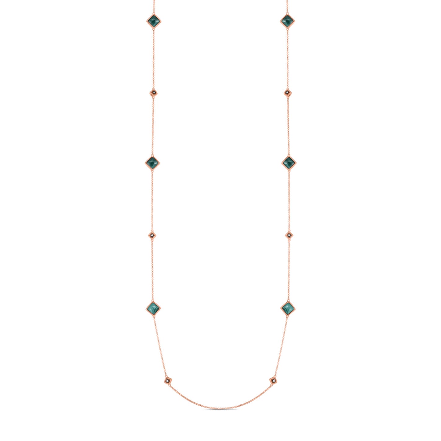 A sophisticated Roberto Coin necklace crafted in 18K rose gold, showcasing a Palazzo Ducale design with alternating small round and square green malachite stones, accented by diamonds and evenly spaced along the chain.