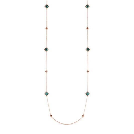 A sophisticated Roberto Coin necklace crafted in 18K rose gold, showcasing a Palazzo Ducale design with alternating small round and square green malachite stones, accented by diamonds and evenly spaced along the chain.