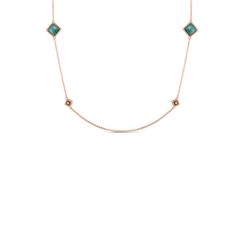 The Roberto Coin 18K Rose Gold Palazzo Ducale Necklace boasts a refined design with geometrically shaped green malachite and diamond stations. The delicate chain, crafted in rose gold, features evenly spaced stones that lend an air of sophistication and elegance to this stylish piece.