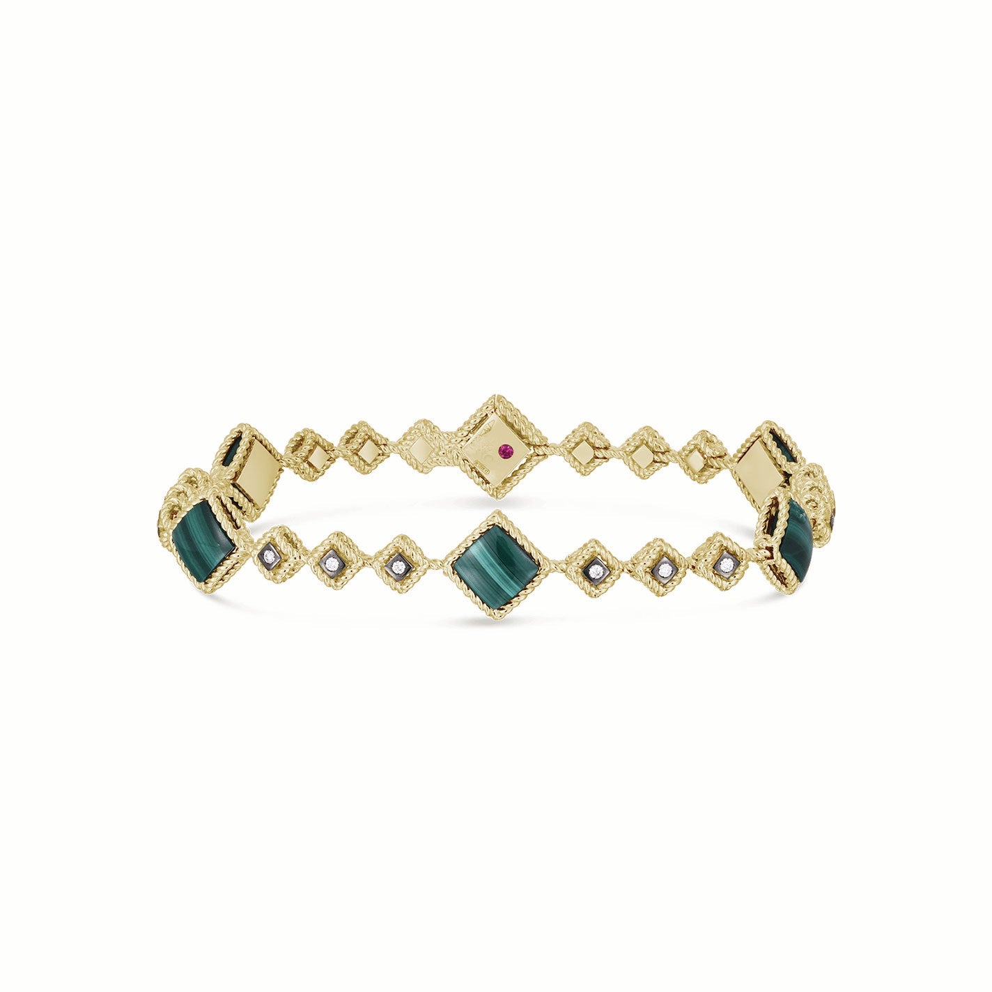 The Roberto Coin 18K Yellow Gold Palazzo Ducale Green Malachite and Diamond Station Bracelet is an exquisite piece from the renowned brand. It features a geometric design with diamond-shaped accents, complemented by green malachite and clear stones arranged symmetrically for an elegant and refined appearance.