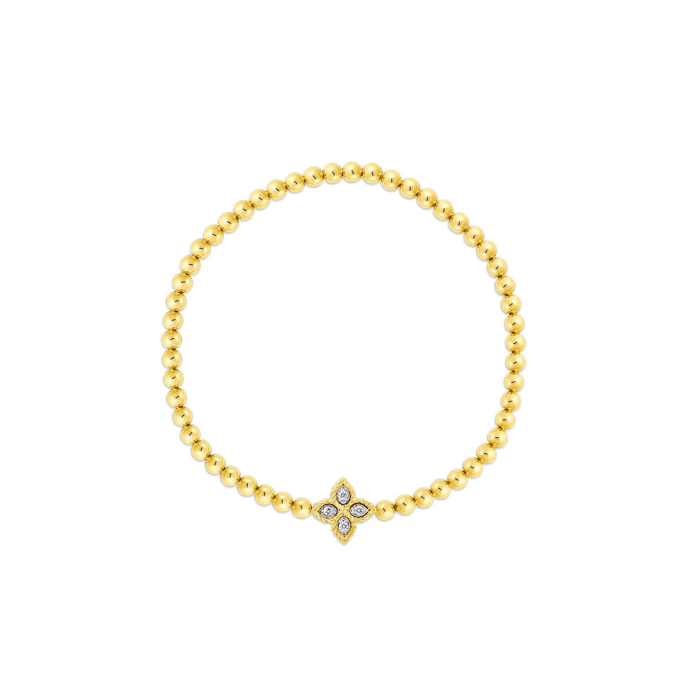 The Roberto Coin Petite Princess Flower Stretch Bracelet dazzles with its delightful diamond-adorned central floral motif, artfully crafted from 18k yellow and white gold.